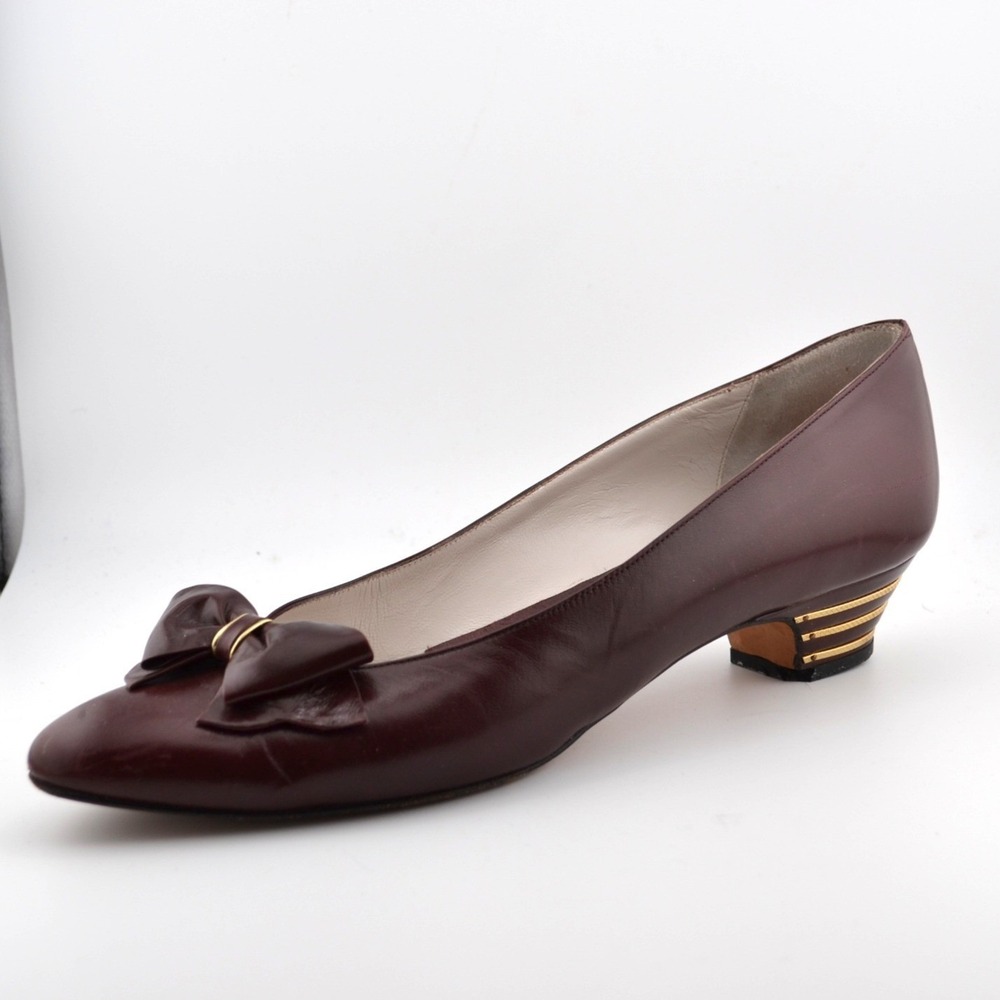 Roberto Capucci Bow Pumps Burgundy Leather Kitten Heel Italy Vintage Narrow‎ AA